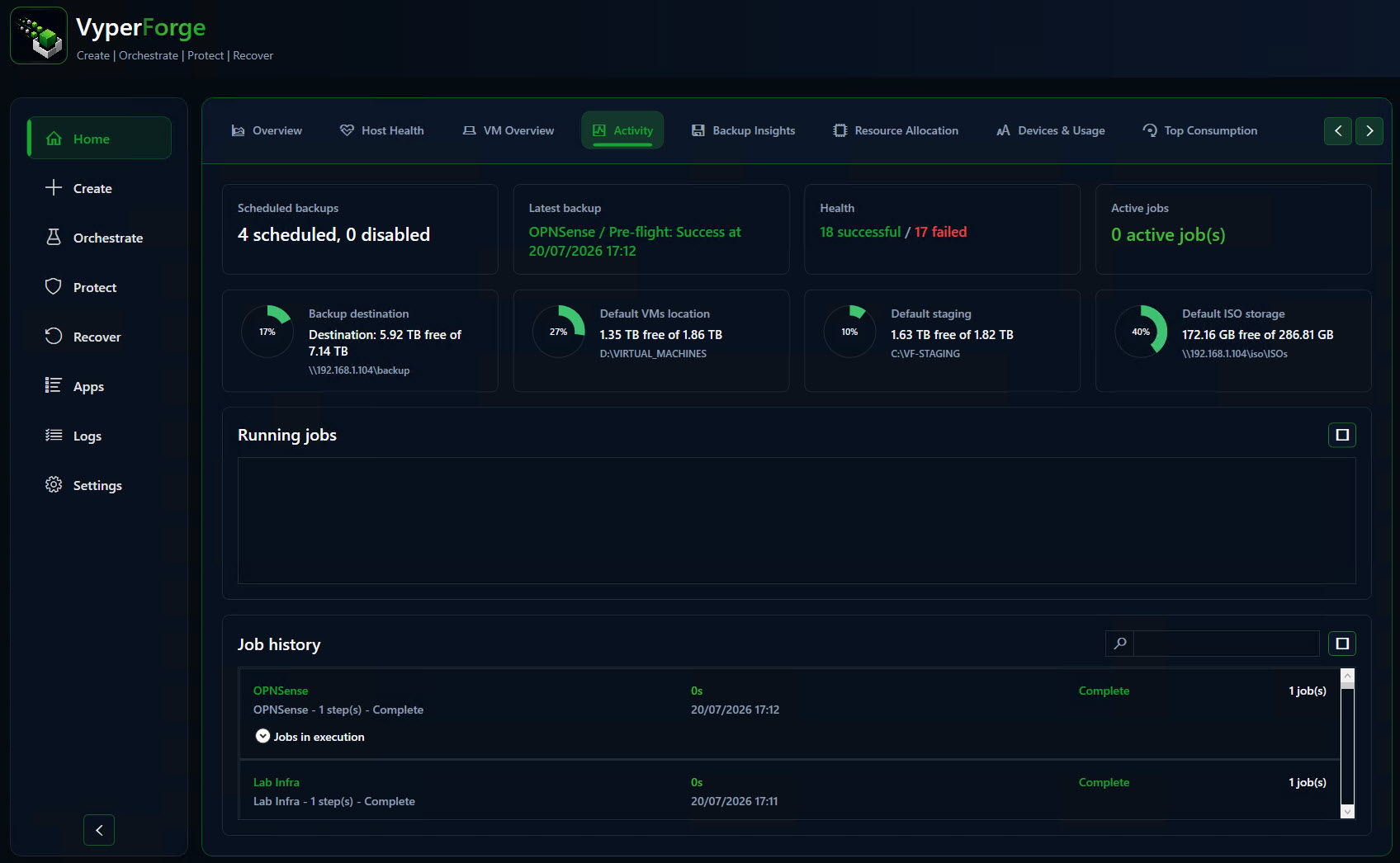 VyperForge screenshot: Operational history. Successful, cancelled and resolved operations.