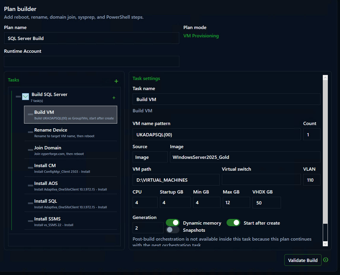 VyperForge screenshot: Orchestration plan editor. Visual plan with Build VM, Rename Device, Join Domain, Reboot, Install Application and ConfigMgr tasks.
