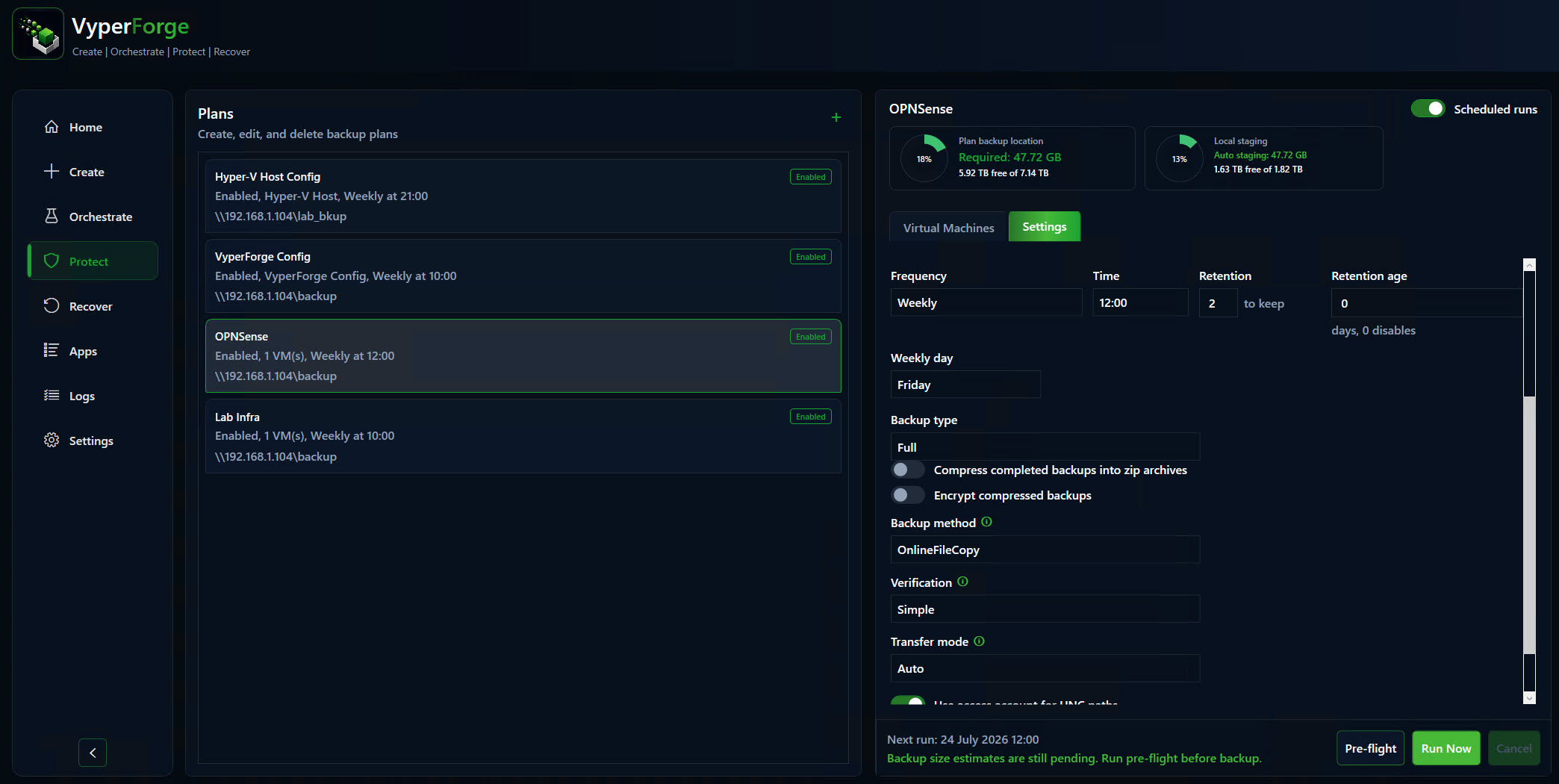 VyperForge screenshot: Protection plan editor. Protection plan showing selected VMs, schedule, retention, verification, compression and encryption.