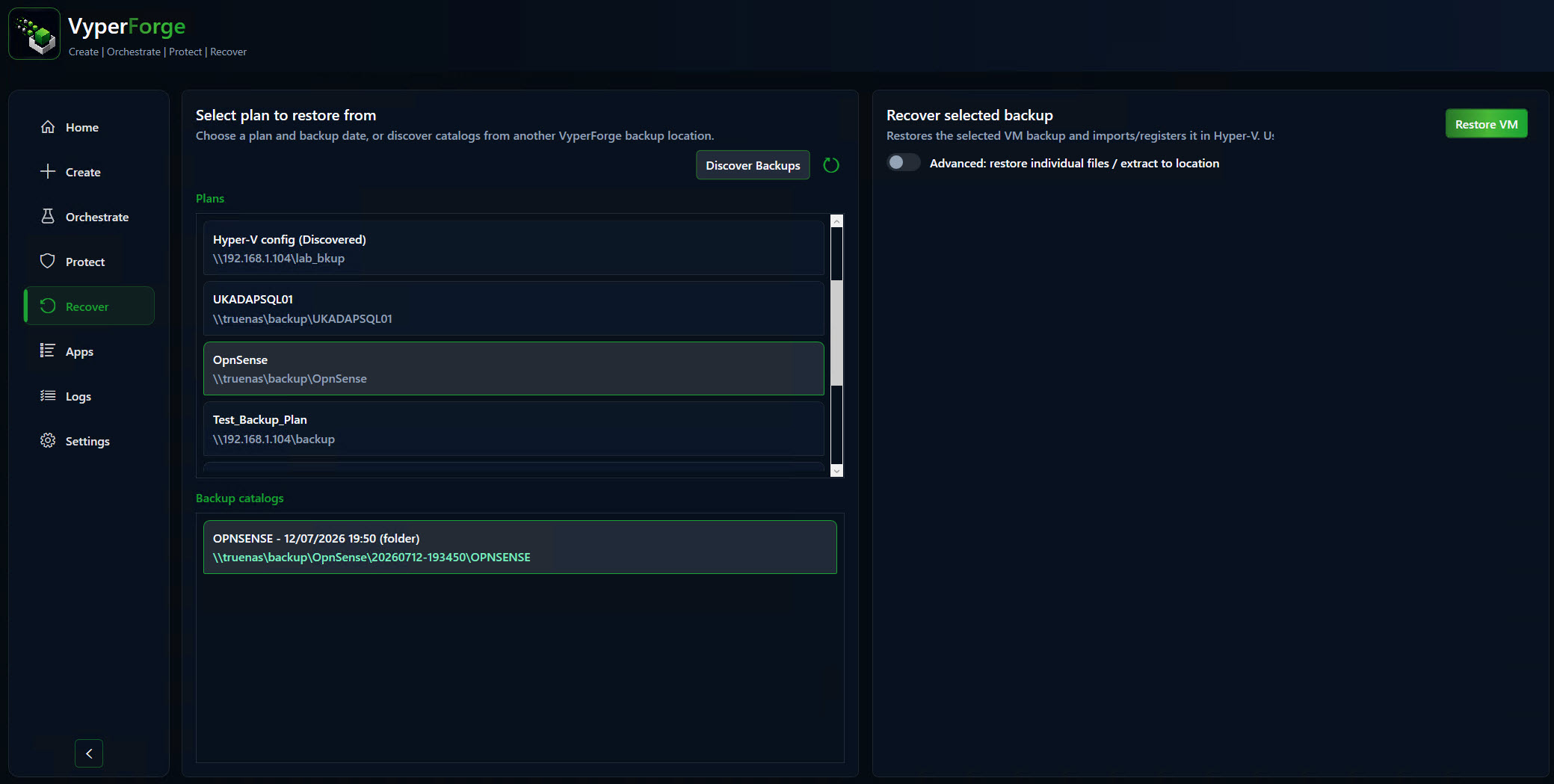 VyperForge screenshot: Recovery compatibility findings. Structured findings for missing switches, saved-state compatibility and suggested remediation.