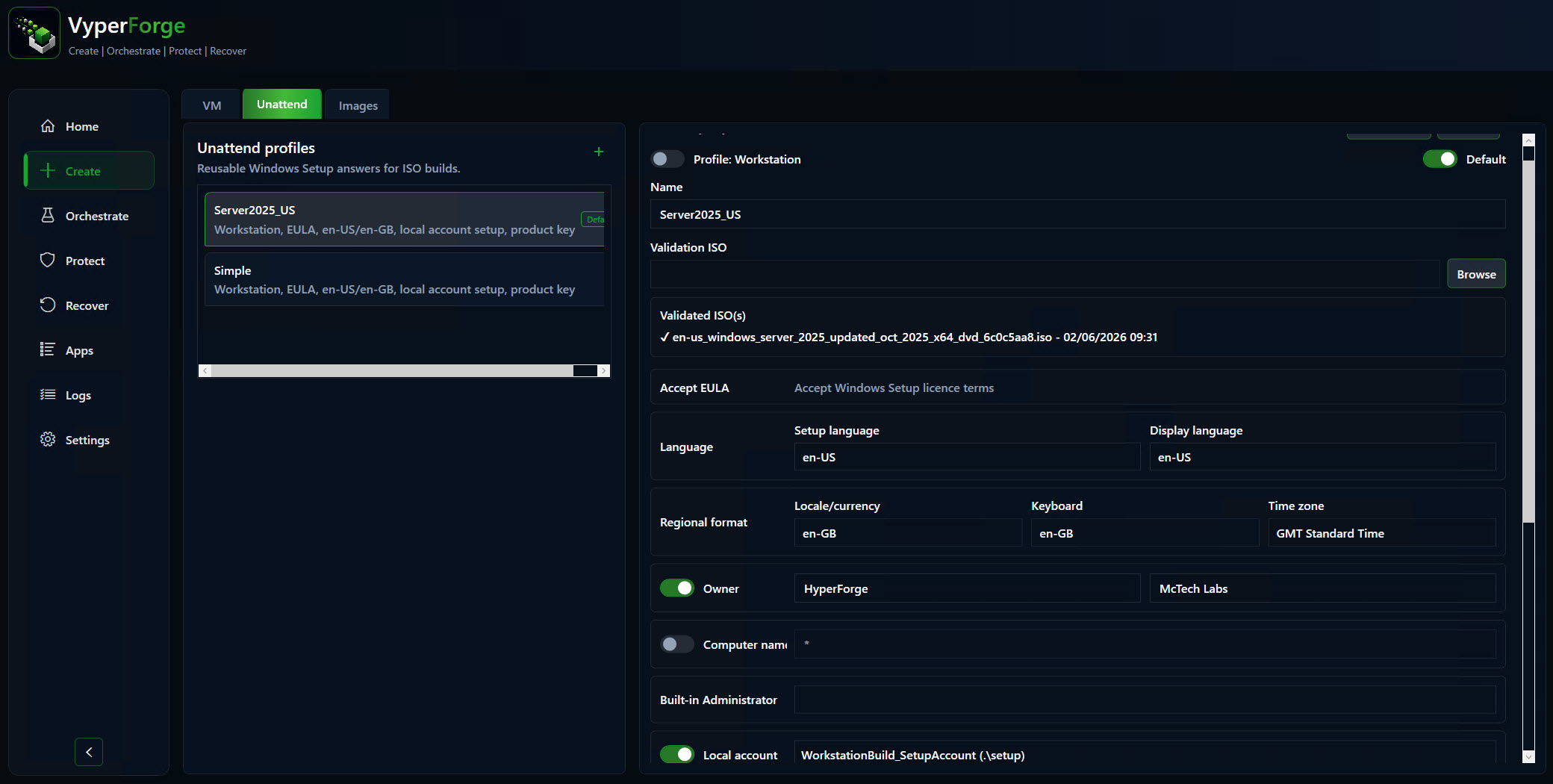 VyperForge screenshot: Unattended profile editor. Windows edition, language, account and first-logon settings.
