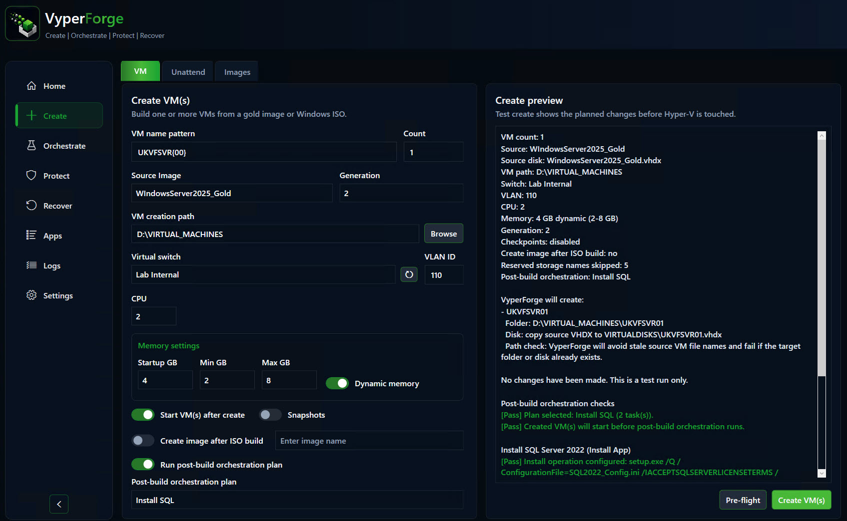 VyperForge screenshot: VM creation overview. Configured VM creation wizard with CPU, memory, storage, switch and provisioning source.