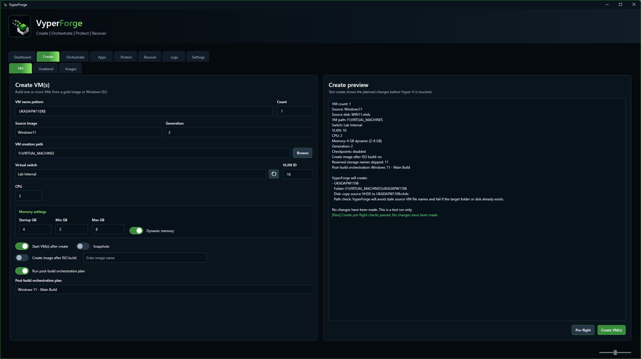 VyperForge VM creation screen